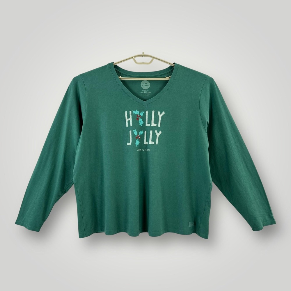 NEW Life Is Good Shirt Womens 3XL Green Holly Jolly V Neck Long Sleeve Christmas